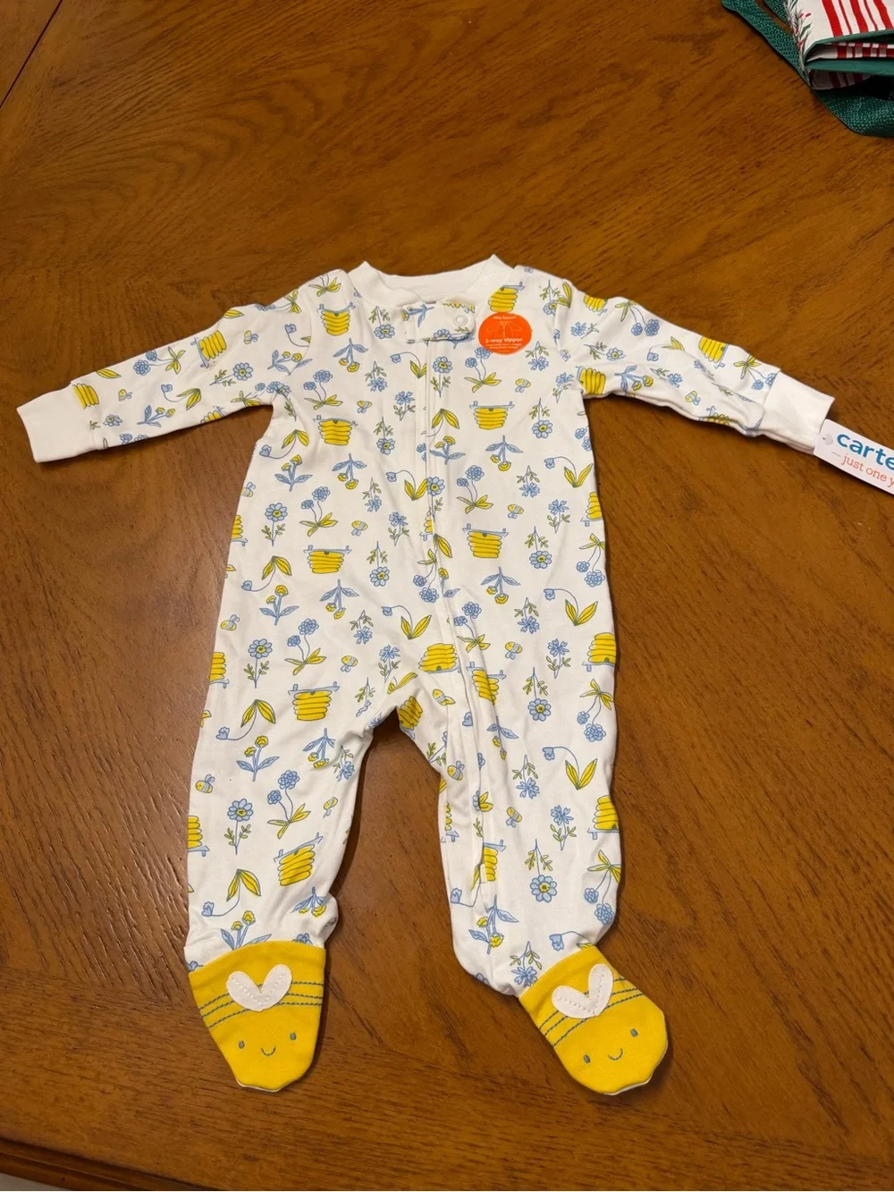 Carter's White One-Piece Footed Pajamas with Yellow & Blue Floral Bee Print